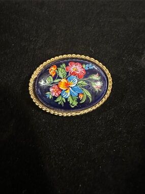 Hand-Painted Floral Enamel Brooch in Navy and Multicolor
